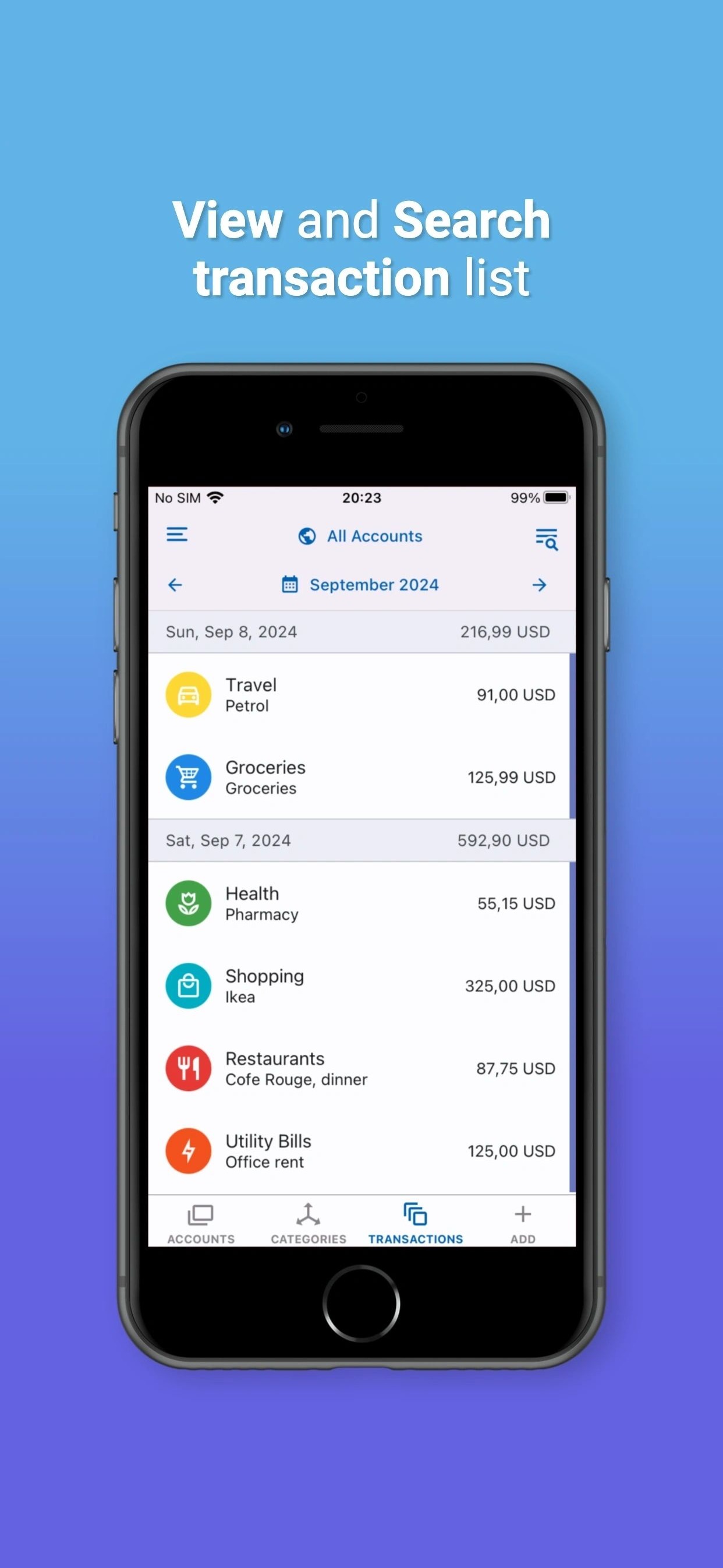 View and search your transaction list